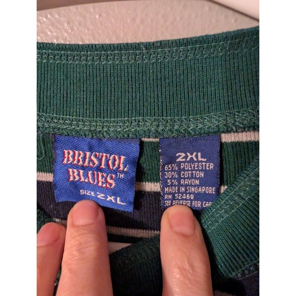 Vintage Bristol Blues Henley Shirt 2XL Green Navy Stripe Long Sleeve 90s USA - Picture 4 of 4